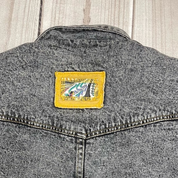 Vintage GET! Womens Medium Acid Wash Faded Black Denim Patchwork Jean Jacket - Picture 10 of 11